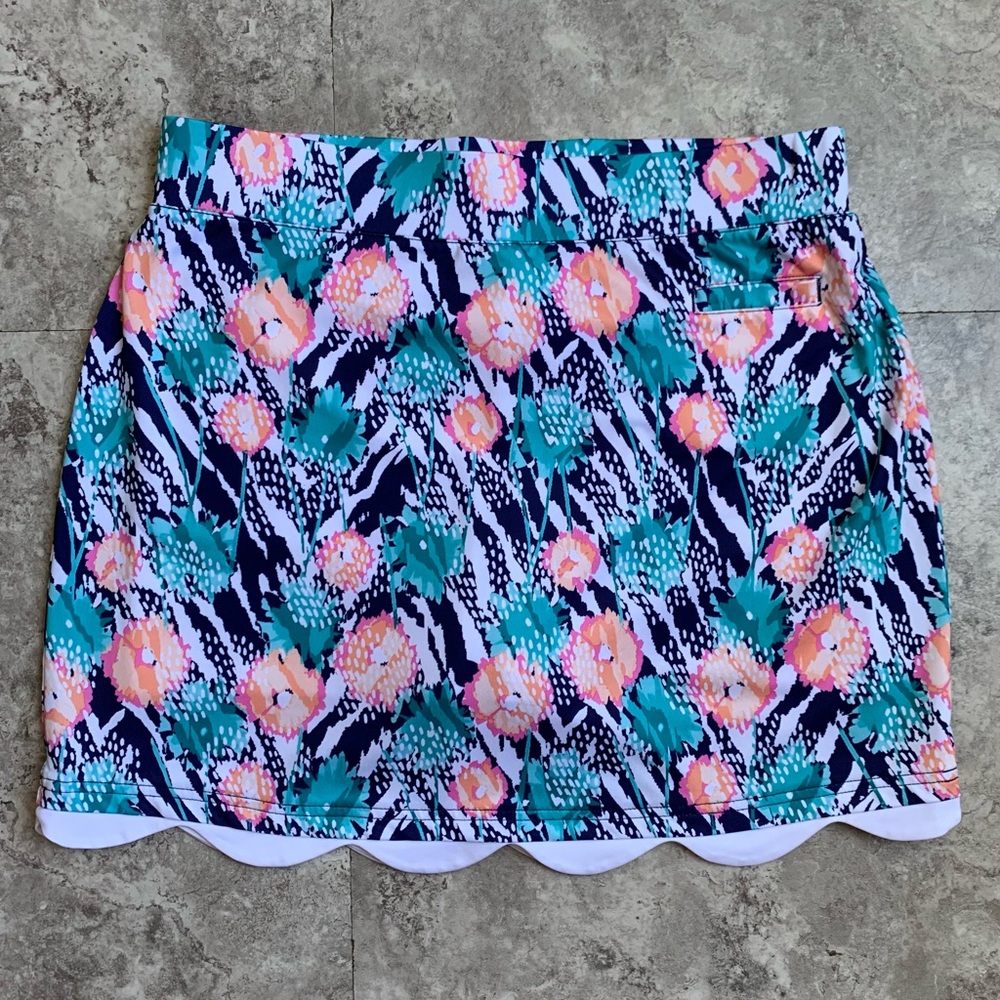 Pebble Beach Floral Scallop Hem Mini Skirt in Teal & Peach with Built In Shorts